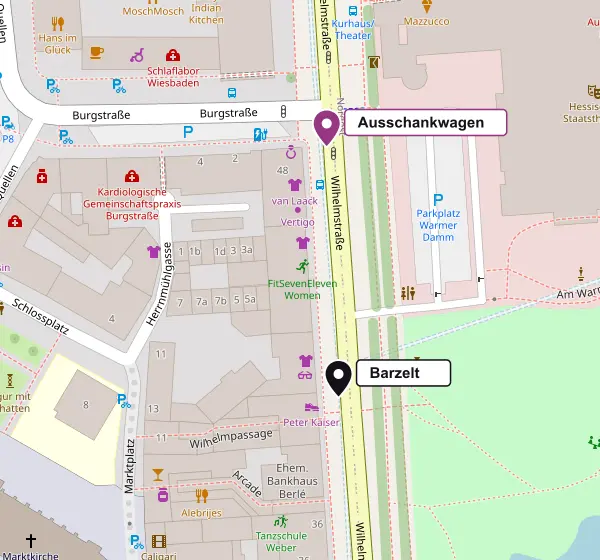 Lageplan: Ausschankwagen an der Ecke Burgstraße und Barzelt auf der Wilhelmstraße in Wiesbaden